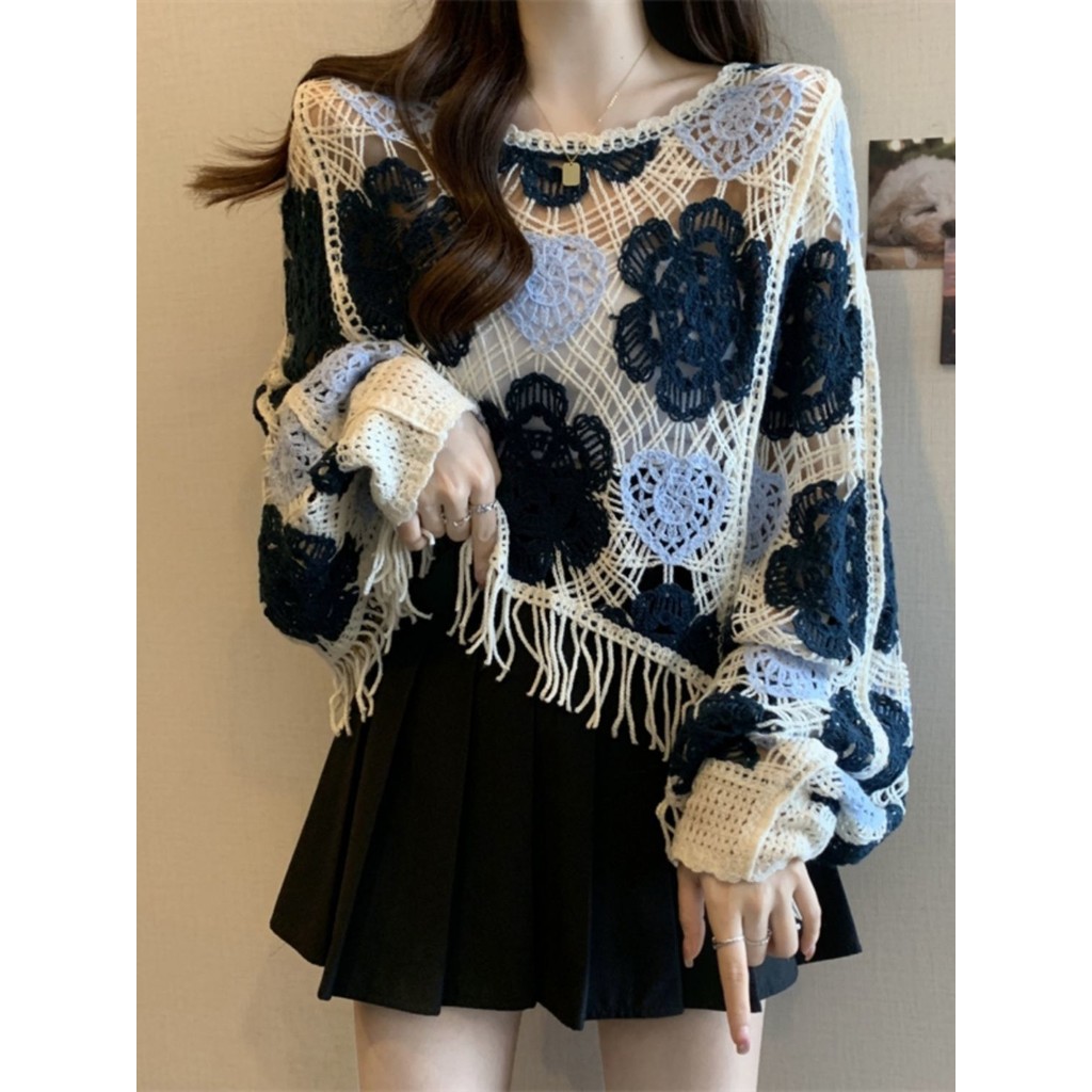 Áo dệt kim móc cổ chữ V kiểu Pháp mỏng nhẹ