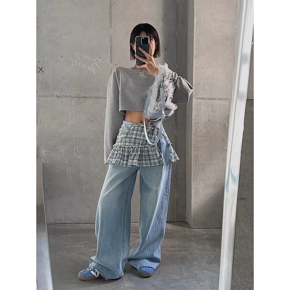 Milyfashion Kẻ Sọc Mông Rèm Phong Cách Mới Xám Xanh Ẩn Đáy Quần Bên Ren Kẻ Sọc Dưới Thân Váy Lớp Quần Áo Nữ