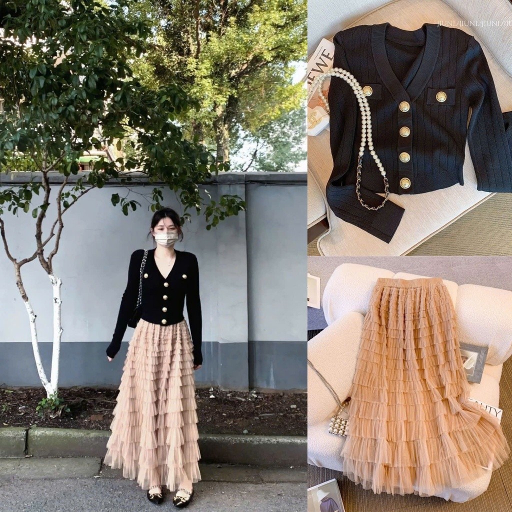 Set bộ 2 món áo len cardigan phối chân váy dáng dài phong cách tiểu thư nhẹ nhàng hàng QCCC BA SP366