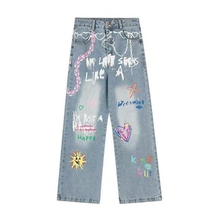 Quần Jean Unisex thiết kế thẳng, phong cách mùa hè mới của Mỹ với họa tiết graffiti