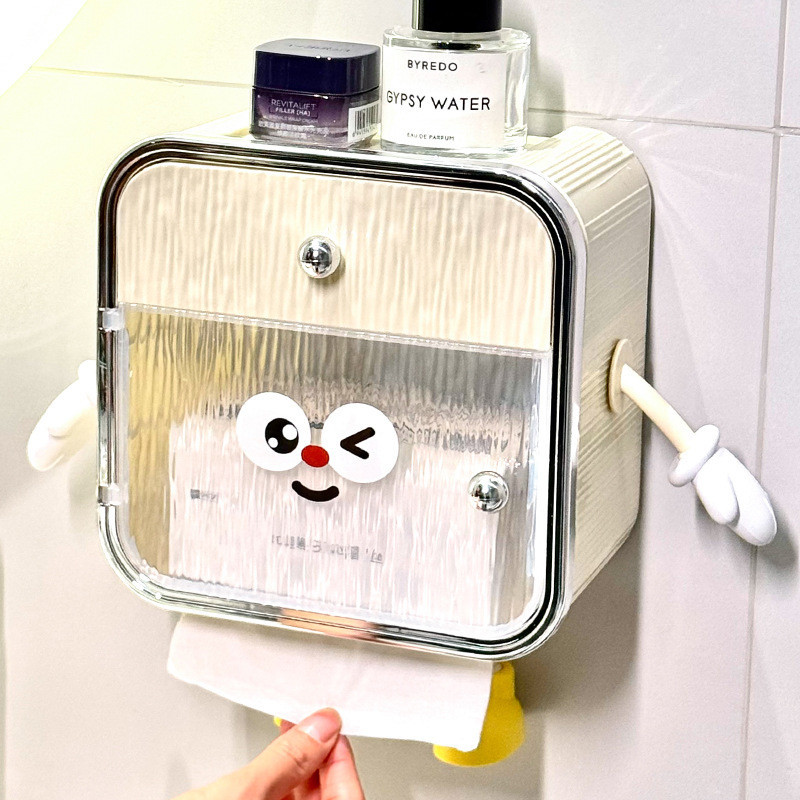 Hộp Đựng Giấy Vệ Sinh Dán Tường Nhà Tắm Hình Mặt Cười Có Nắp Chống Nước Kèm Kệ Đựng Đồ Đa Năng