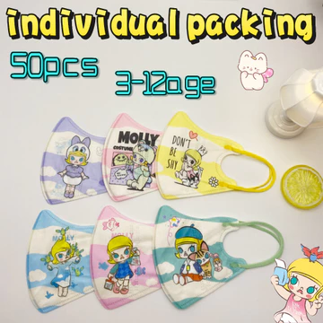 POPMART 3D Thích Hợp Cho Trẻ Em Từ 3-12 Tuổi Khẩu Trang Trẻ Em Dễ Thương MOLLY In Hình Hoạt Hình Mặt nạ Trẻ Em Bao Bì Độc Lập 50 Miếng Hỗn Hợp
