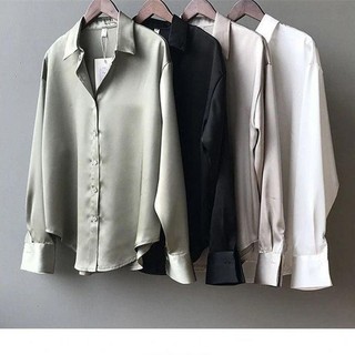 Áo Sơ Mi Nữ Trắng Satin Giả Lụa Dài Tay Rời