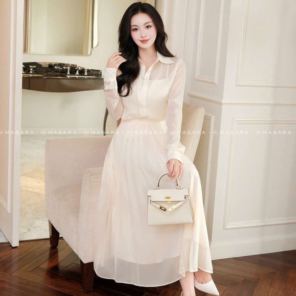 Set Masara gồm áo sơ mi và chân váy dài xòe tằm kem có kèm áo lót phong cách thanh lịch MS860