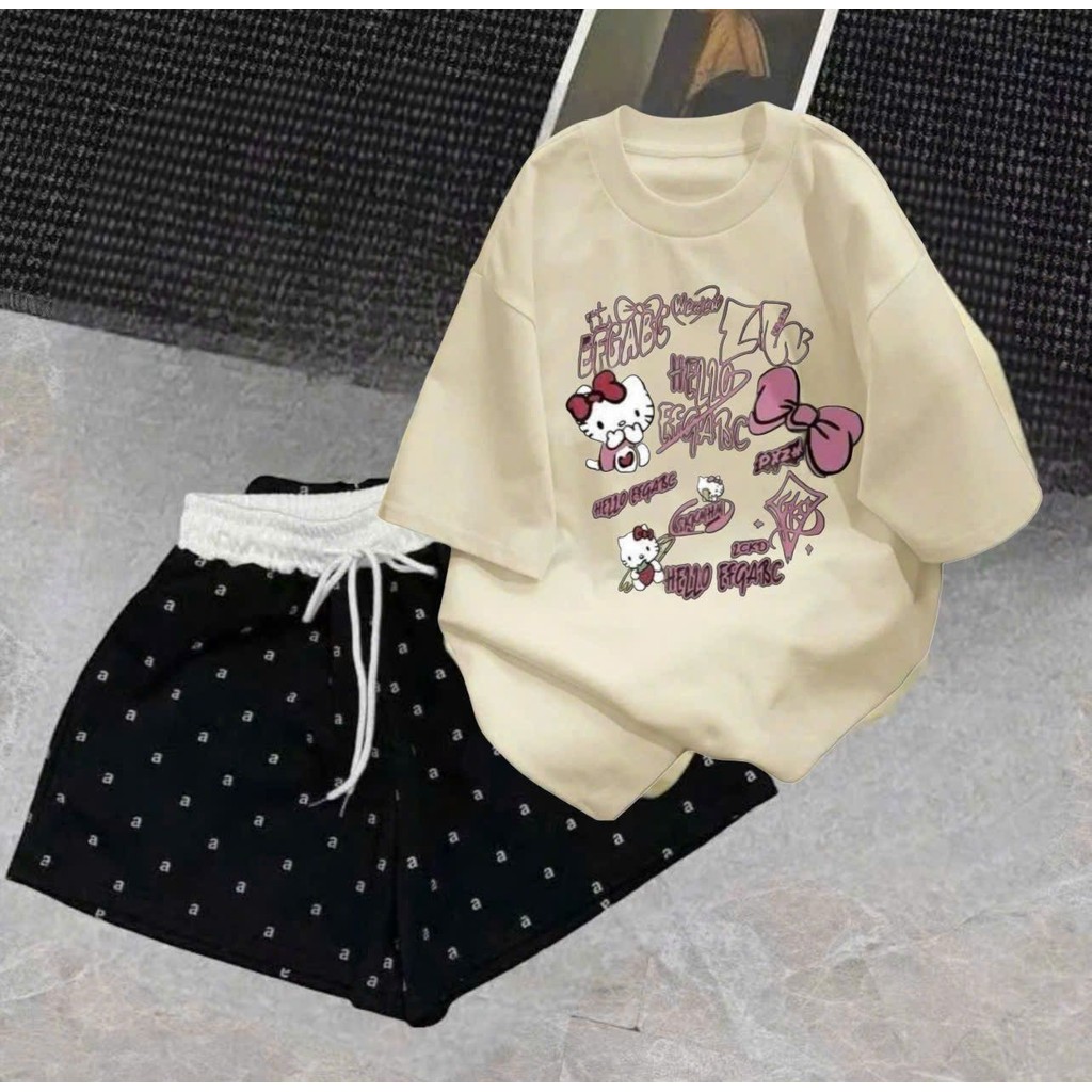 sét bộ quần ĐÙI cộc CHỮ A cạp chun màu trắng +mix áo phông -MÈO CUTE