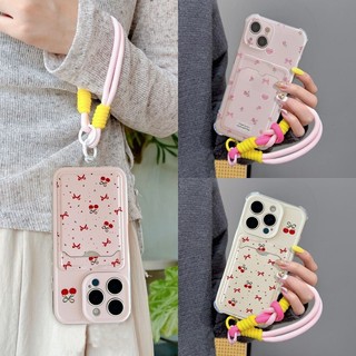 Nơ Anh Đào Lichee Ốp Lưng Điện Thoại iPhone 13 14 Pro Max 12 Mini Đựng Thẻ Ảnh Ví Có Dây Đeo Cổ Tay Dây Cặp Đôi Chống Rơi Mềm Mại