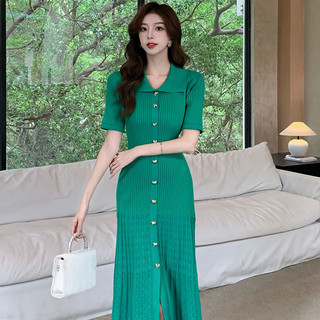 Váy giảm béo khí chất thanh lịch dệt kim xanh cổ điển dành cho nữ eo rỗng mùa hè