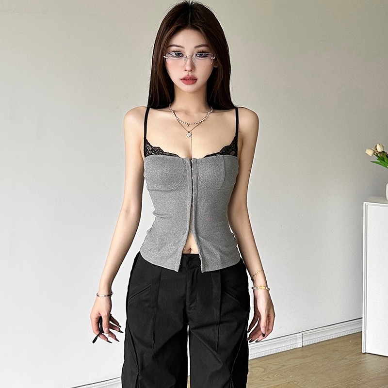 Cutenew Ren Viền Camisole Nữ Mùa Hè Dây Kéo Mỏng Lưng Crop Nhìn Mỏng Hơn Đa Năng Không Khí Phong Cách Nóng Mới