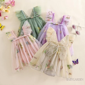Baga- [Váy liền quần bé gái 1-18 tháng tuổi] -Bộ áo liền quần cổ vuông thêu hoa bướm không tay cổ vuông đáng yêu cho trẻ sơ sinh
