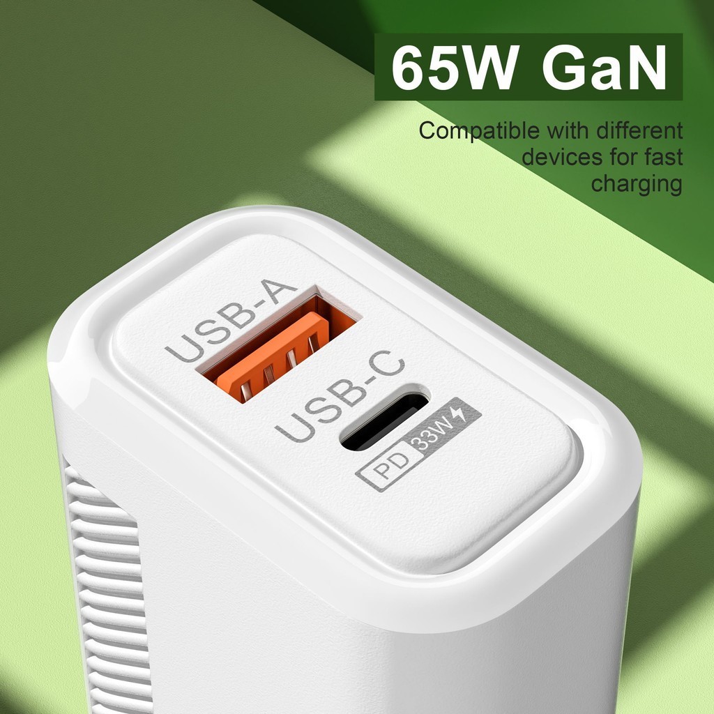 Bộ chuyển đổi nguồn 65W PD + QC có cáp - Bộ sạc điện thoại đa năng - Khối sạc nhanh 2 cổng - Bộ sạc tường USB-A Type-C - Đa cổng, An toàn, Trắng, Đen