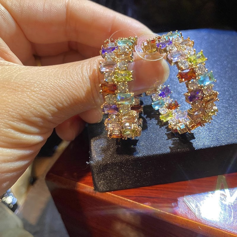 Bạc Kim Vuông Nhiều Màu Sắc Zircon Bông Tai Sang Trọng Ánh Sáng Sang Trọng Bông Tai Bán Buôn