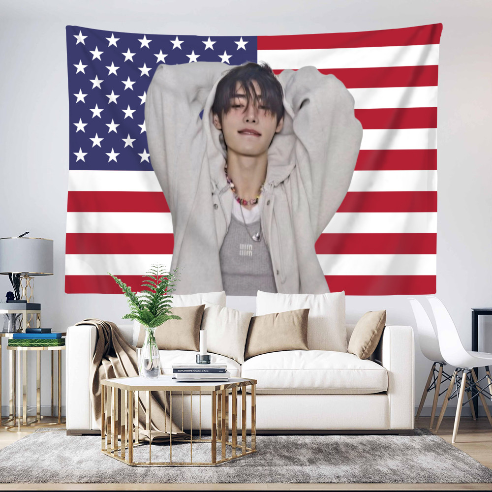 Enhypen SUNGHOON Tấm thảm cờ Mỹ có kẹp Tấm thảm Polyester Treo tường phòng ngủ