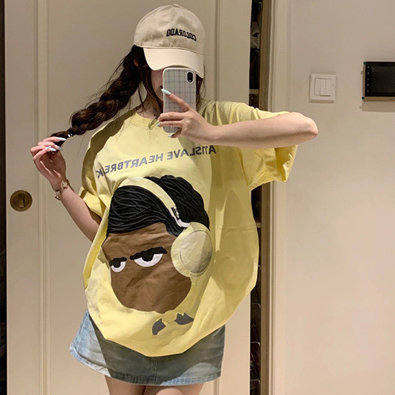 Cotton Nguyên Chất Màu Vàng Kem Hoạt Hình Ngắn Tay Nữ Mùa Hè Rời Top