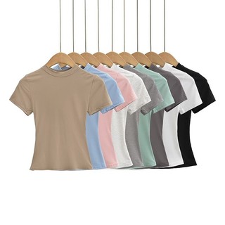 Áo thun nữ cổ tròn tay ngắn Skims mùa hè ôm sát co giãn cao | Áo crop top dáng ngắn chất mỏng mềm mát form đẹp