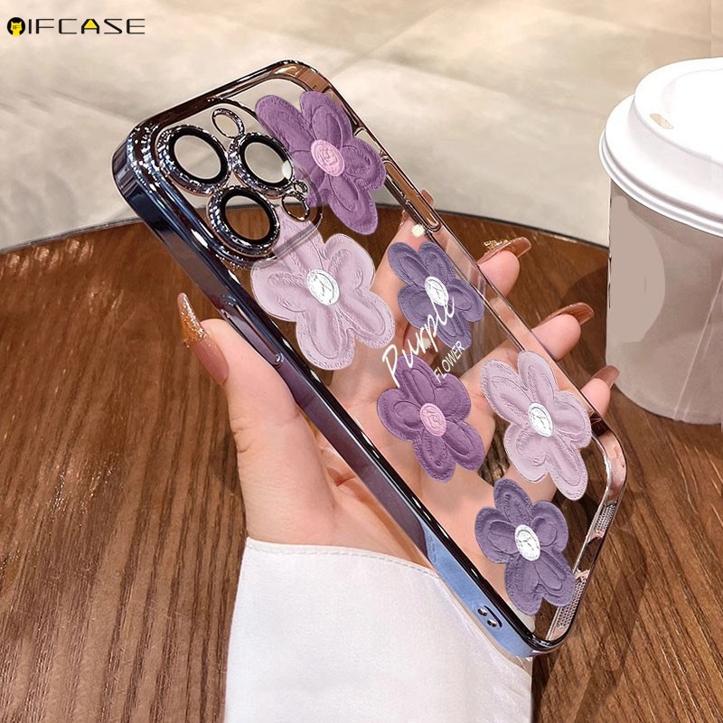 Tương Thích Cho iPhone 15 14 Plus 13 12 Mini 11 Pro Max Ốp Điện Thoại Màu Tím Tranh Sơn Hoa Hoa Mạ Hoa Sang Trọng Sáng Bóng Vỏ Mềm Ốp Lưng Ốp Lưng