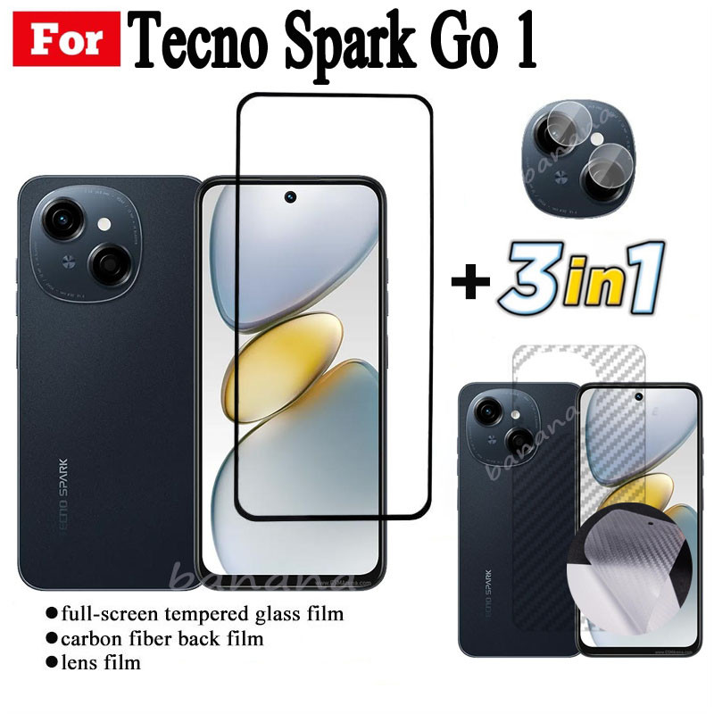 3 TRONG 1 Tecno Spark Go 1 Phim Kính Cường Lực Cho Tecno Spark Go1 Full Cover Kính Bảo Vệ Màn Hình + Phim Ống Kính Máy Ảnh + Phim Mặt Sau