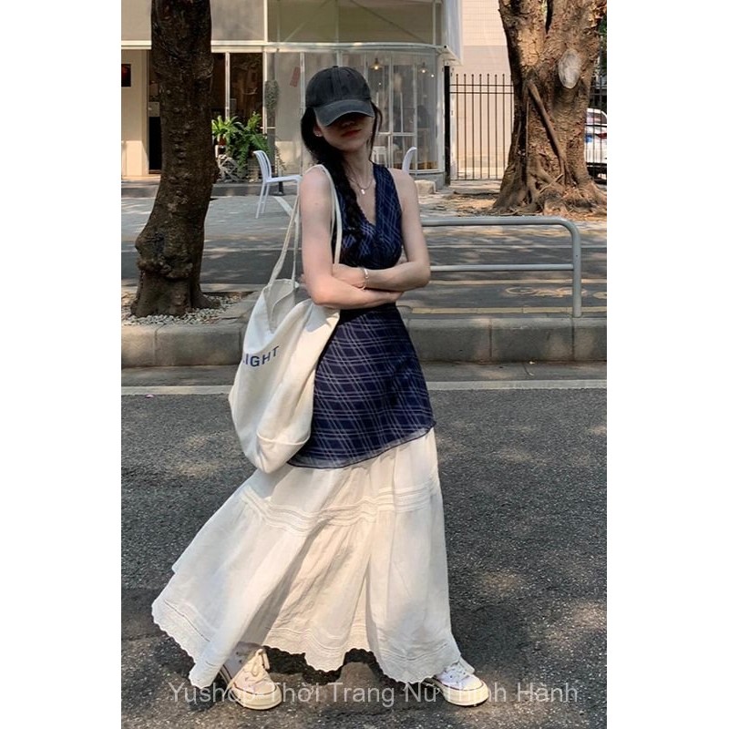 [YU]Trang phục nữ hai mảnh mùa hè, áo vest dáng ngắn không tay kết hợp váy trắng thanh thoát.