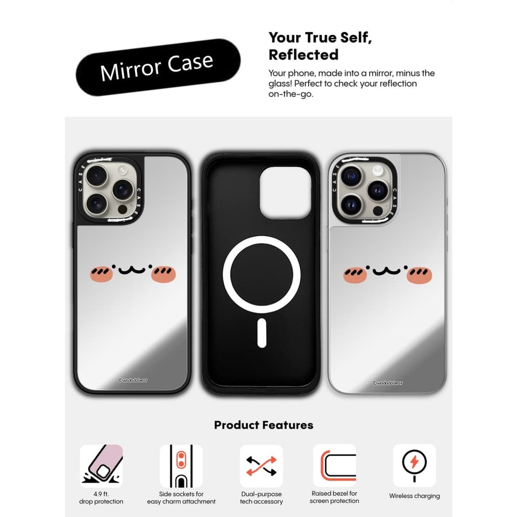 CASECASE X Wadadabear Happy Smile Case Hút từ tính Vỏ iPhone Gương đen & bạc IPhone 16 15 14 13 12 Pro Max Plus Ốp lưng cứng có hộp khắc logo