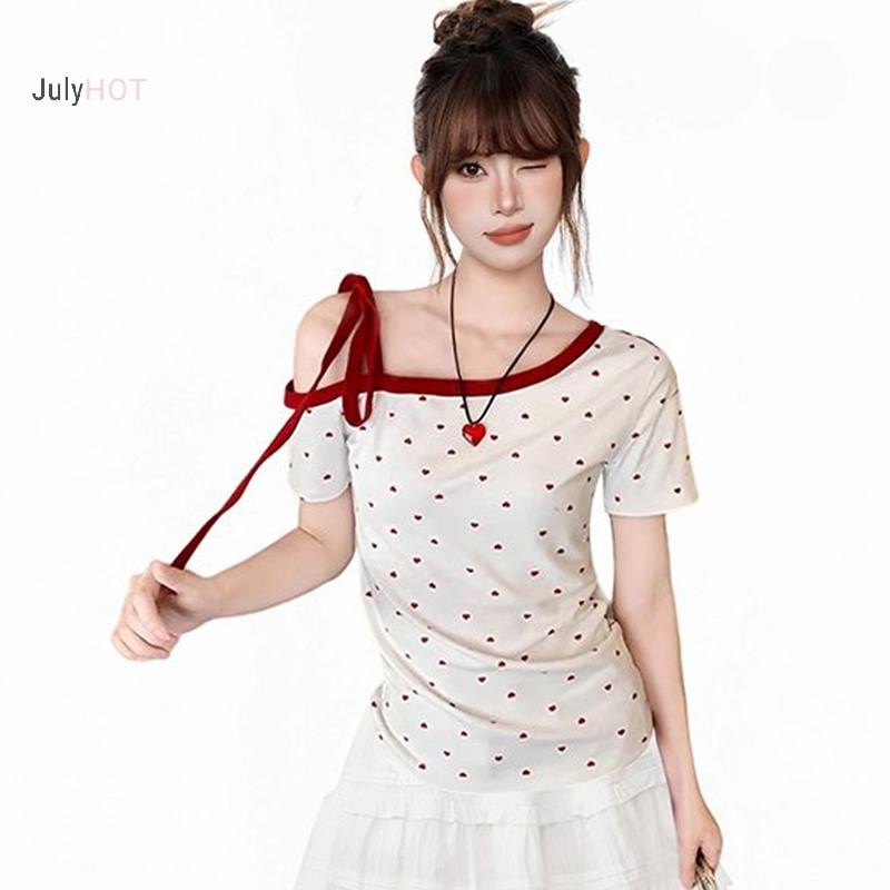 JULYHOT Mùa Hè Ngọt Ngào Retro In Hình Trái Tim Ngoài Vai Phối Ren Tay Ngắn Slim Áo Thun Nữ Massivedeals
