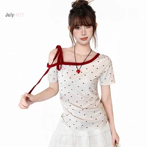 JULYHOT Mùa Hè Ngọt Ngào Retro In Hình Trái Tim Ngoài Vai Phối Ren Tay Ngắn Slim Áo Thun Nữ Massivedeals