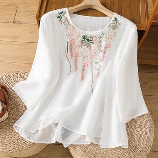Hình dáng rộng Áo sơ mi bông cổ thủy thủ thoáng khí phong cách vintage dành cho nữ mùa hè