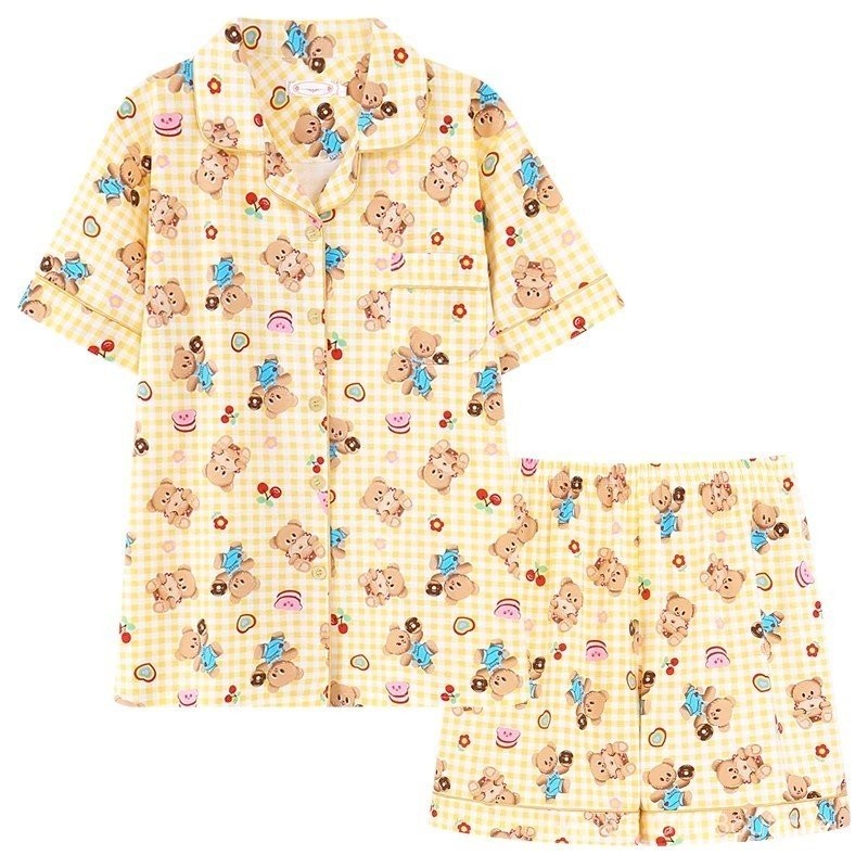 Bộ Đồ Ngủ Gấu Bông Cotton Nguyên Chất Cho Mùa Hè, Màu Vàng Kẻ Sọc Dễ Thương