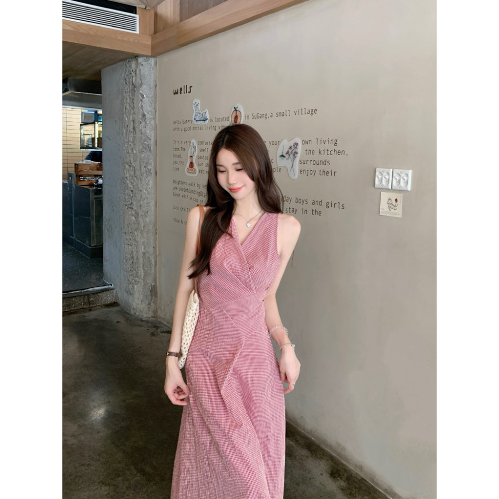 SUXI Mẫu váy dài kẻ sọc phong cách retro Pháp cổ chữ V dành cho mùa hè