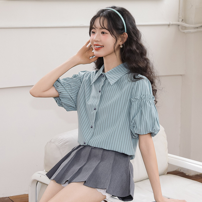 Mutu Pháp Retro Sọc Puff Tay Áo Sơ Mi Nữ Mùa Hè 2026 Phong Cách Mới Thiết Kế Cao Cấp Niche Top