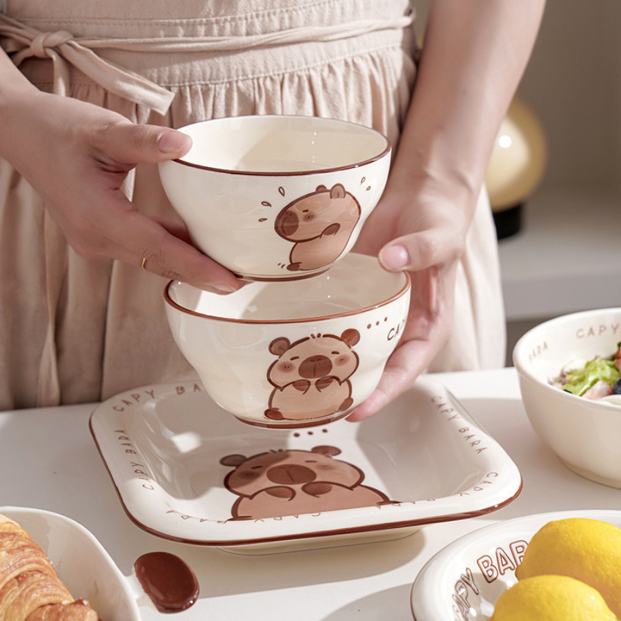 Bát Đĩa Sứ Capybara Đáng Yêu, Bát Ăn Cơm, Bát Ăn Chè, Chén Dĩa Dễ Thương SET016