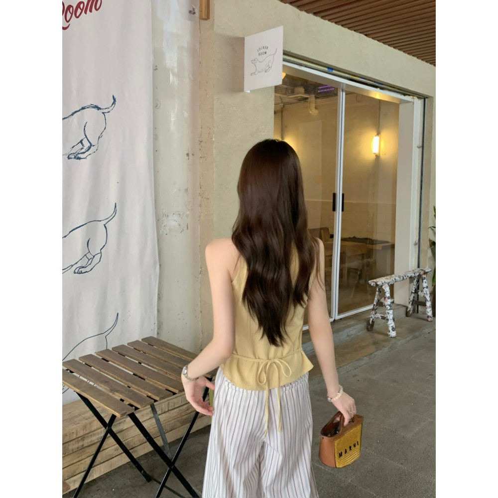 SUXI Áo sơ mi không tay cổ chữ V kiểu Pháp nhẹ nhàng, phù hợp mùa hè cho nữ