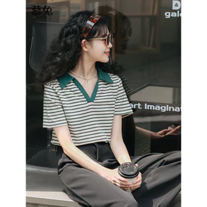 Mutu Nhật Bản Retro Polo cổ sọc, áo thun nữ, xu hướng thời trang hè mới nhất 2025