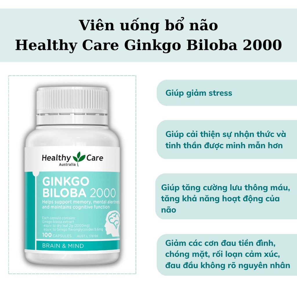 Viên uống bổ não úc Healthy Care Ginkgo Biloba hộp 100 viên