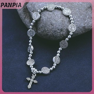 PANPIA-Retro Màu Bạc Thánh Biểu Tượng Tôn Giáo Chúa Giêsu Thánh Giá Đính Hạt Vòng Tay Công Giáo Cơ Đốc Trang Sức Mân Côi Quà Tặng