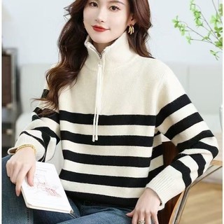 Áo len nữ sọc dài tay, dáng rộng, phong cách Hàn Quốc, mùa xuân thu đông