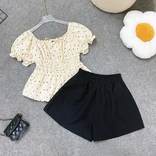Set bigsize nữ áo bo eo tay phồng dễ thương tôn dáng nhiều màu sắc phối quần đùi lưng chun co giãn - A282+Q500