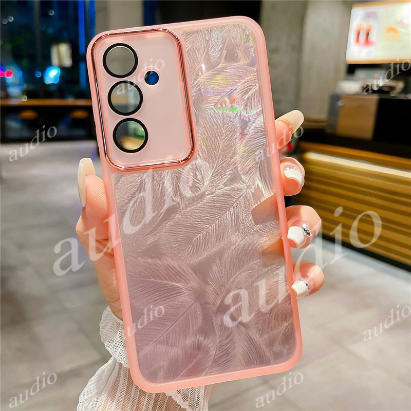 Ốp Điện Thoại Lấp Lánh Lông Vũ Laser Cho Samsung Galaxy M55 M35 M15 5G 4G 2024 Với Phim Bảo Vệ Ống Kính Máy Ảnh Trong Suốt Lông Vũ Vỏ Điện Thoại Cho SamsungM55 5G