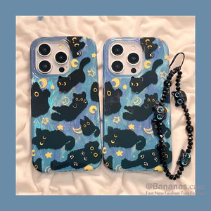 Ốp điện thoại iPhone 17 6 15 14 13 12 11 Pro Max X Xr Xs Max 7 8 Plus SE2020 Mèo đen dễ thương + Dây buộc Vỏ điện thoại mềm