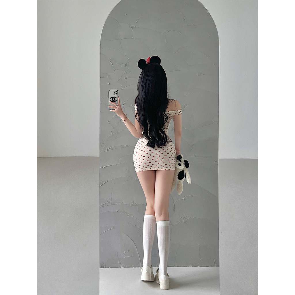 Pure Desire Phong Cách Cô Gái Ngọt Ngào In Hình Anh Đào Skinny Ôm Hơn Nhìn Dây Đeo Đầm Hông Váy