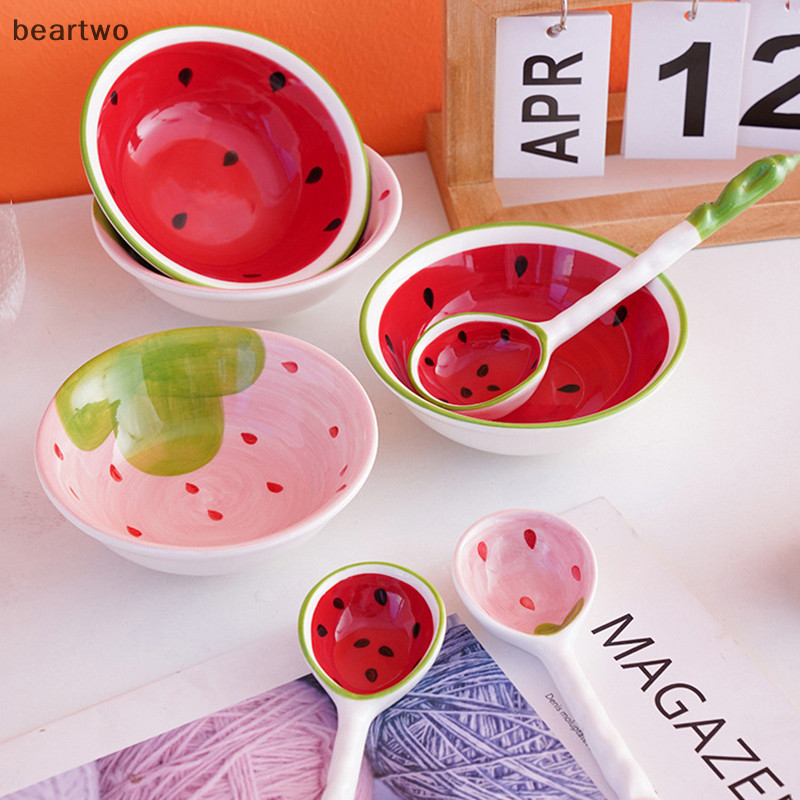 < Beartwo > Muỗng hình dưa hấu dâu đáng yêu Muỗng gốm ngũ cốc Thìa súp Ramen Hoa văn trái cây Phục vụ Bát thìa đẹp