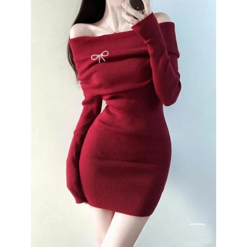 Đầm Trễ Vai Tay Dài ,Đầm Ôm Body Thời Trang Quyến Rũ Cho Nữ_D02 Women Dress Kem Nhung