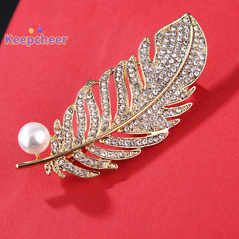 [Keepcheer] Trâm cài hình lá pha lê Ngọc trai Pin Huy hiệu Túi trang trí Trang sức đám cưới [Mới]