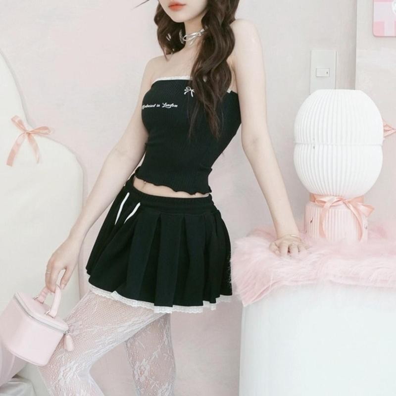 Chân Váy Nữ Kiểu Xếp Ly PINKSTORE29 Eo Rút Dây Phối Viền Ren C999