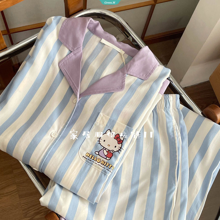 Crash Side Sọc Hello Kitty Bộ Đồ Ngủ Nữ Xuân Thu Đơn Giản Giải Trí Dài Tay Homewear Phù Hợp Với
