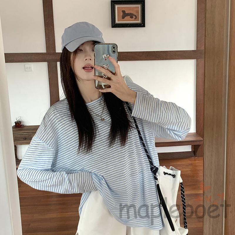 Maplepoet-áo in sọc nữ dài tay cổ tròn Cutout dáng rộng vừa vặn Áo sơ mi mùa xuân mùa thu