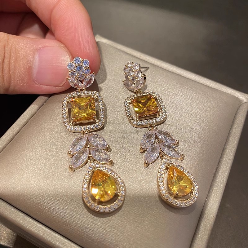 S925 Bạc Kim Hoa Nhiều Màu Sắc Giọt Nước Bông Tai Dài Nữ Ánh Sáng Sang Trọng Full Zircon Tinh Tế Bông Tai