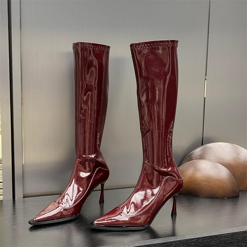 Kd Nhưng Giày Bốt Đầu Gối Nữ Mũi Vuông Stiletto Giữa Ống Giày Bốt Thu Đông Phong Cách Mới Giày Cao Cấp Burgundy Giày Da Sáng Chế