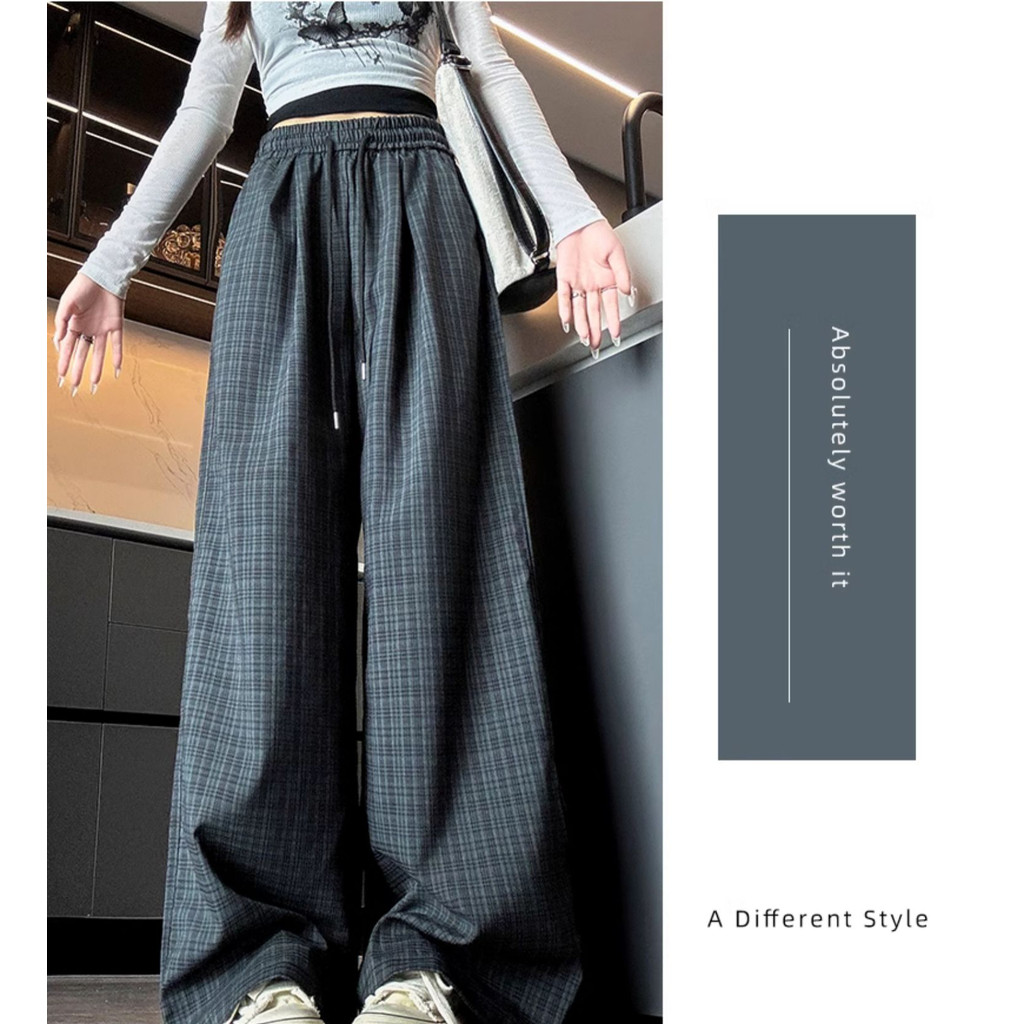 Suxi Thu Đông Mới Retro Ca rô Drape Quần ống rộng eo cao Quần thẳng nữ 240911