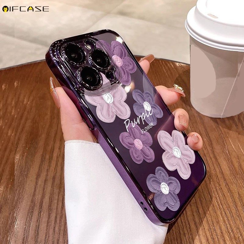 Tương Thích Cho iPhone 15 14 Plus 13 12 Mini 11 Pro Max Ốp Điện Thoại Màu Tím Tranh Sơn Hoa Hoa Mạ Hoa Sang Trọng Sáng Bóng Vỏ Mềm Ốp Lưng Ốp Lưng