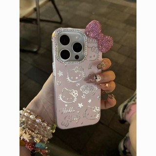 Ốp điện thoại thích hợp màu hồng dễ thương cho mèo KT màu hồng iPhone mềm mại Phong cách mới Khung kim cương-Foundation Star KT Cat + Nơ kim cương hồng