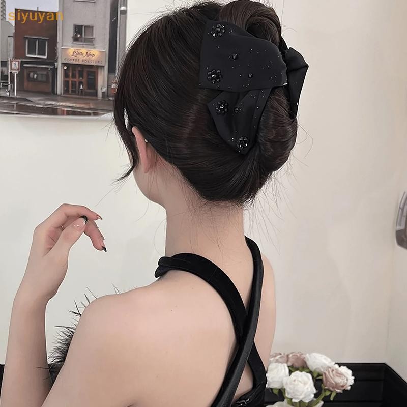 Siyuyan Vintage Mềm Đen Sa Tóc Móng Vuốt Kim Cương Giả Kẹp Tóc Nơ Lớn Trang Trí Nữ Phụ Kiện Tóc VN